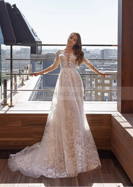 Long Sheer Sleeves Lace Tulle V Back Garden Wedding Dress